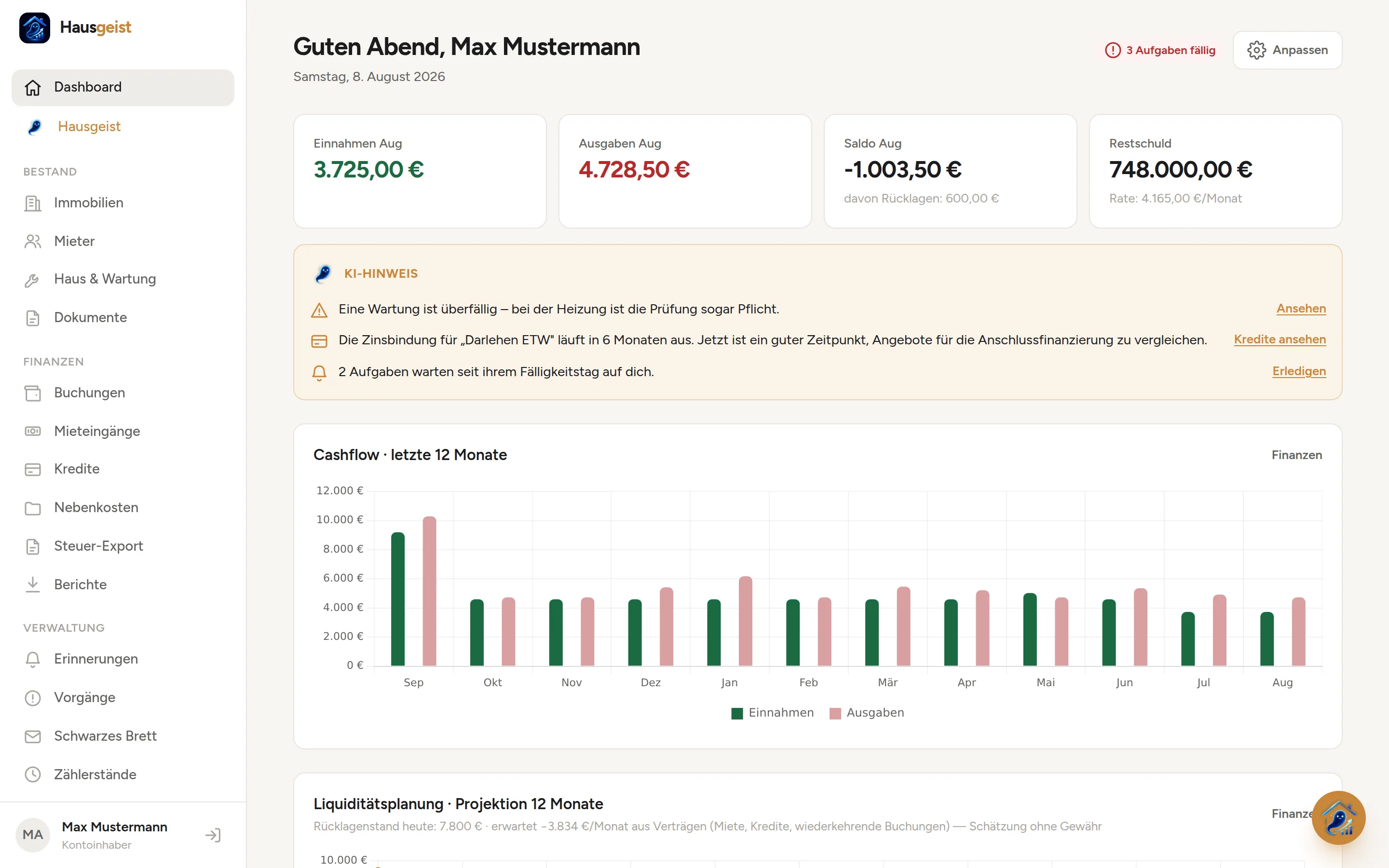 Hausgeist Dashboard auf dem Desktop: Einnahmen, Ausgaben, Cashflow-Diagramm und Hinweise