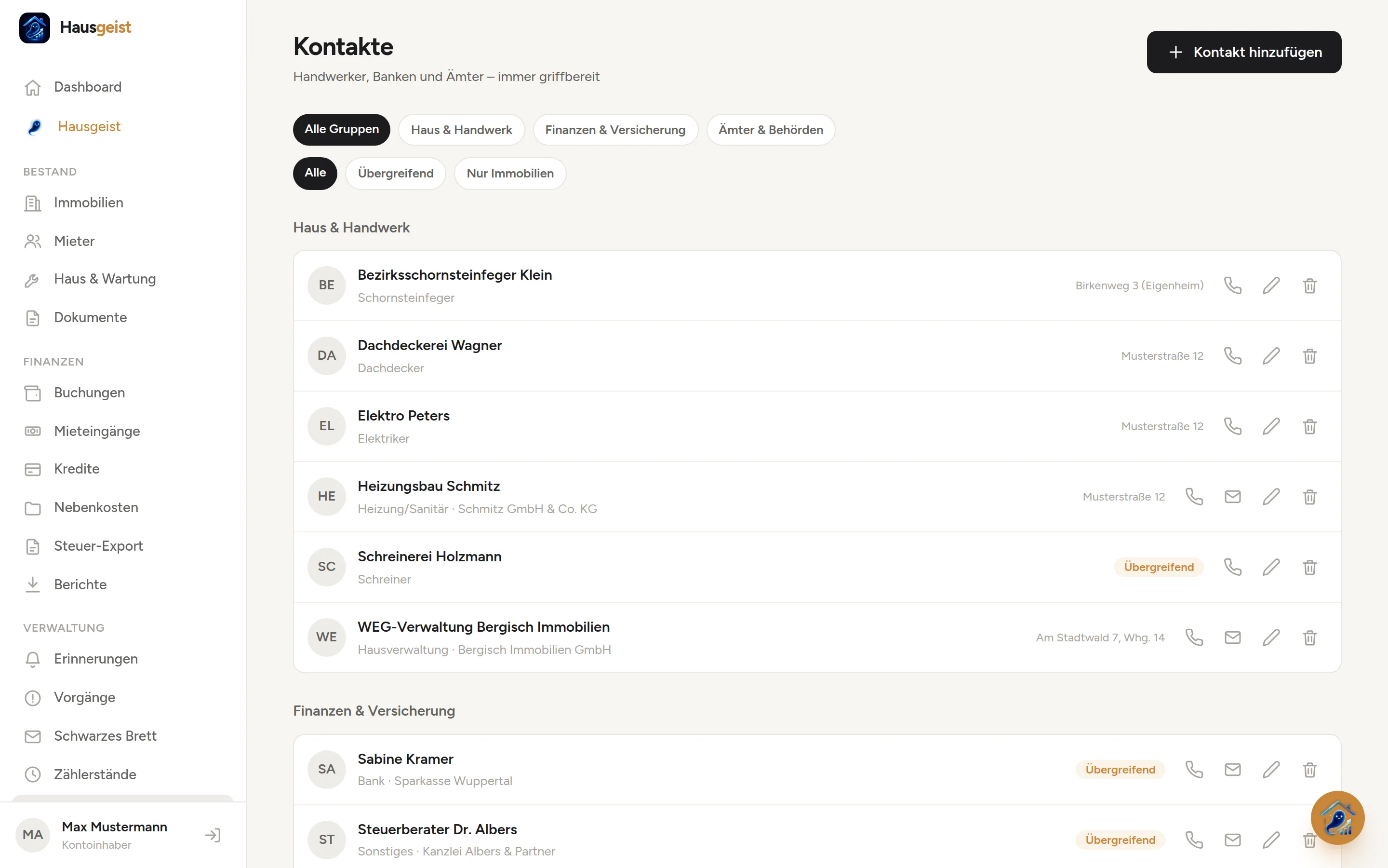 Handwerker-Kontakte verwalten in Hausgeist: Dachdecker, Elektriker, Banken und Ämter mit Zuständigkeit und Zuordnung zur Immobilie