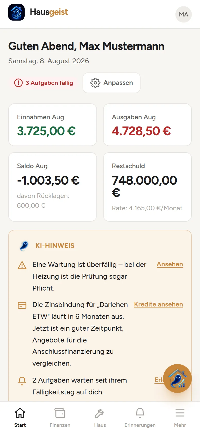 Hausgeist Dashboard auf dem Handy: alle Kennzahlen und Hinweise unterwegs