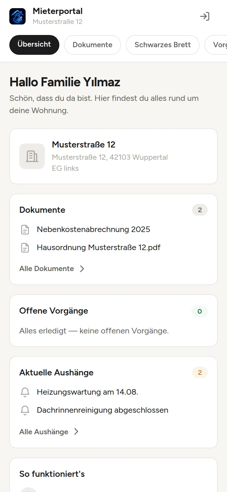Mieterportal von Hausgeist auf dem Handy: Dokumente, offene Vorgänge und Schwarzes Brett für die Mieterin